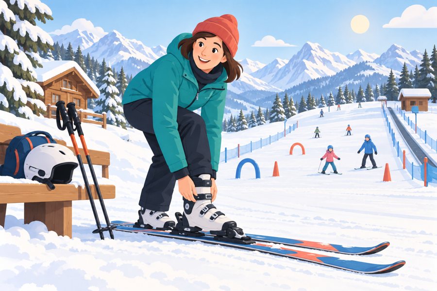 Созданная ИИ иллюстрация: начинающая лыжница пристёгивает лыжи на учебном склоне.