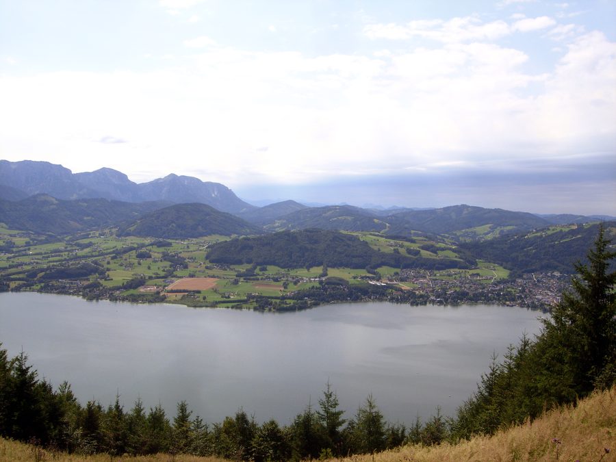 Blick auf den Attersee und das Dorf Seewalchen in Oberösterreich
