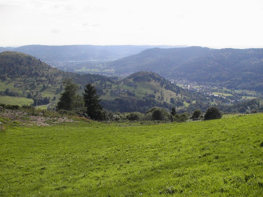 Blick auf das Dorf Le Ménil in den Vogesen von der Tête des Champs