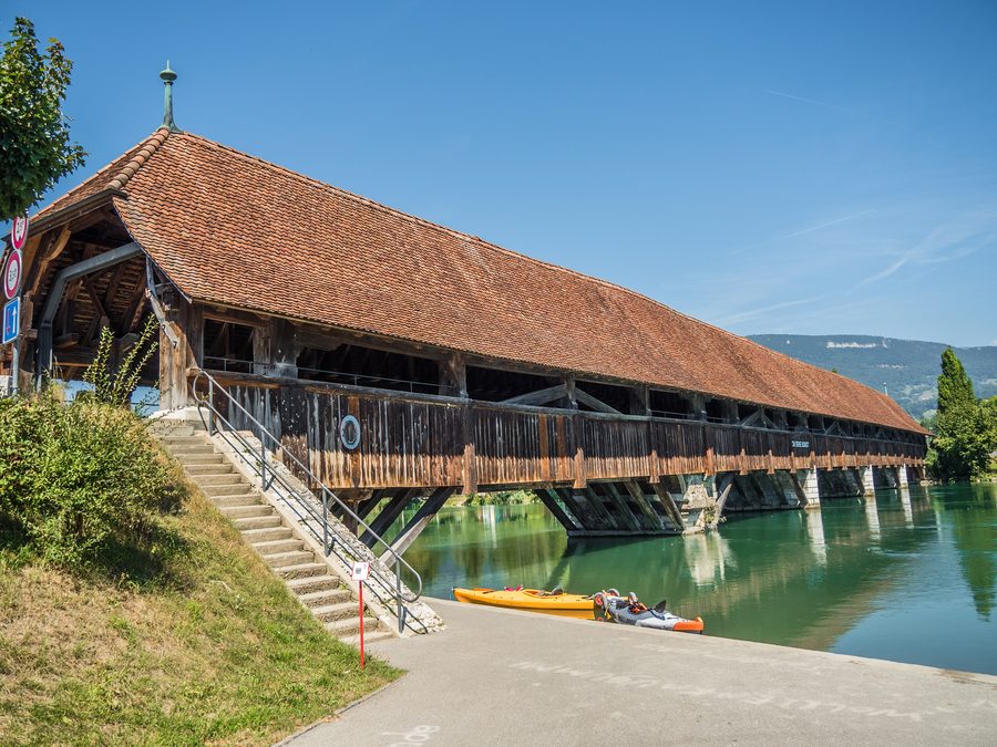 Covered wooden road bridge over the Aare in Wangen an der Aare, Canton of Bern, Switzerland